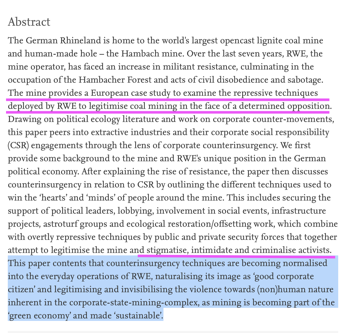 Repressive + 'counterinsurgency techniques becoming normalised into everyday operations of #RWE'
stigmatise, intimidate + criminalise activists
+ legitimise /invisibilise the violence towards (non)human nature
#Luetzerath #HambacherForst 
#RWE #ClimateCriminals
#Luetzerathbleibt