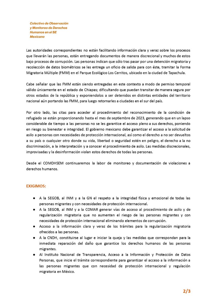 La72Tenosique's tweet photo. #AlertaFronteraSur
🟠Desde el #COMDHSEM reafirmamos nuestra denuncia sobre la desinformación en procesos de asilo y de regularización migratoria generada por las autoridades.
📌Consulta el comunicado completo: https://t.co/2lQu3X5pwM https://t.co/Cjom8NUZoj