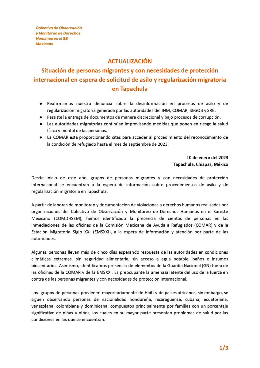 La72Tenosique's tweet photo. #AlertaFronteraSur
🟠Desde el #COMDHSEM reafirmamos nuestra denuncia sobre la desinformación en procesos de asilo y de regularización migratoria generada por las autoridades.
📌Consulta el comunicado completo: https://t.co/2lQu3X5pwM https://t.co/Cjom8NUZoj