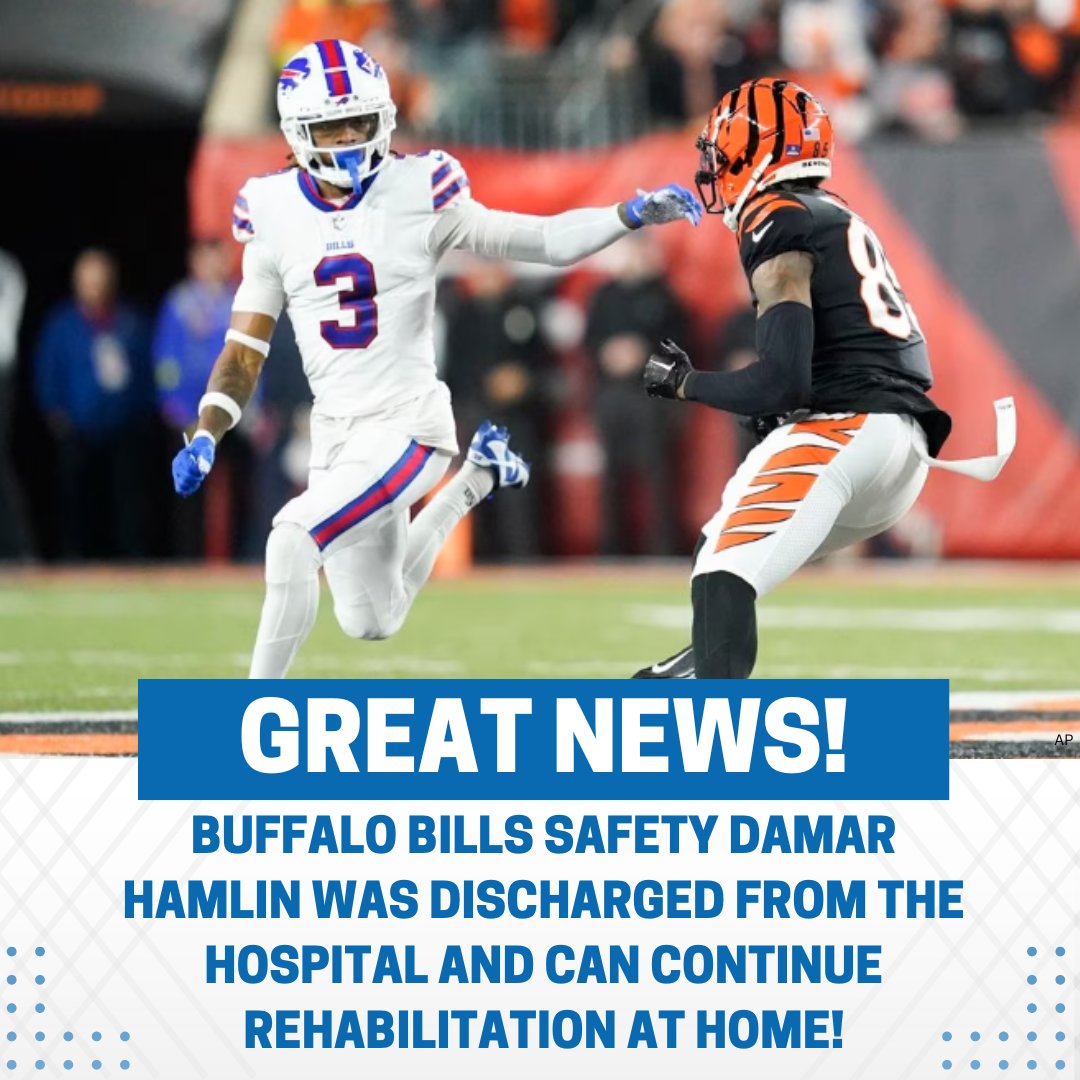 wdam's tweet image. BREAKING: The Buffalo Bills announced Wednesday that safety Damar Hamlin has been released from the hospital, less than two weeks after he suffered a cardiac arrest on the football field.

FULL STORY&amp;gt;&amp;gt; bit.ly/3GyaHEj?utm_so…