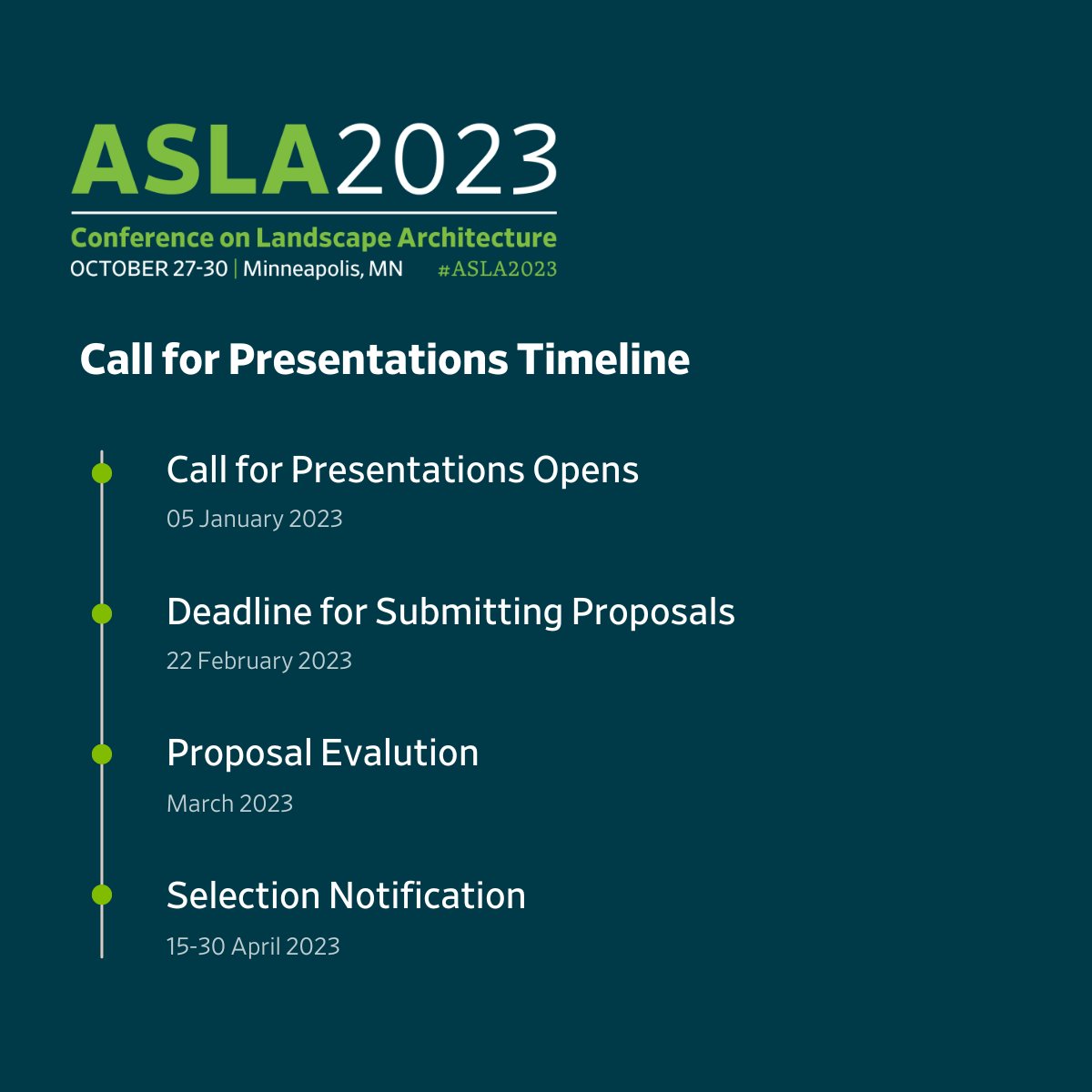 ASLANorCal's tweet image. Share your research or practice at the ASLA 2023 Conference on Landscape Architecture in Minneapolis. @NationalASLA has opened the Call for Presentations! Submit your proposal by February 22, 2023, at noon CT 👏 bit.ly/3ZbCzGT or link in bio!