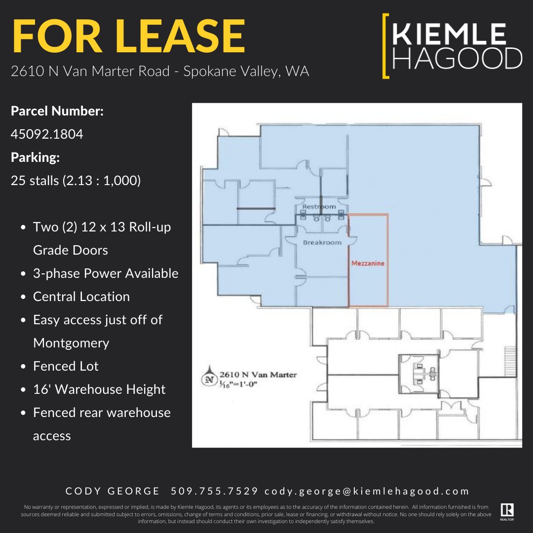 FOR LEASE
Warehouse & Office Space
2610 N Van Marter Road - Spokane Valley, WA 99206
Contact: Cody George at 509.755.7529 or cody.george@kiemlehagood.com

Flyer Link: ow.ly/Xckv50MnWsR

#kiemlehagood #codygeorge #spokanevalleywa #forlease #industrialspace