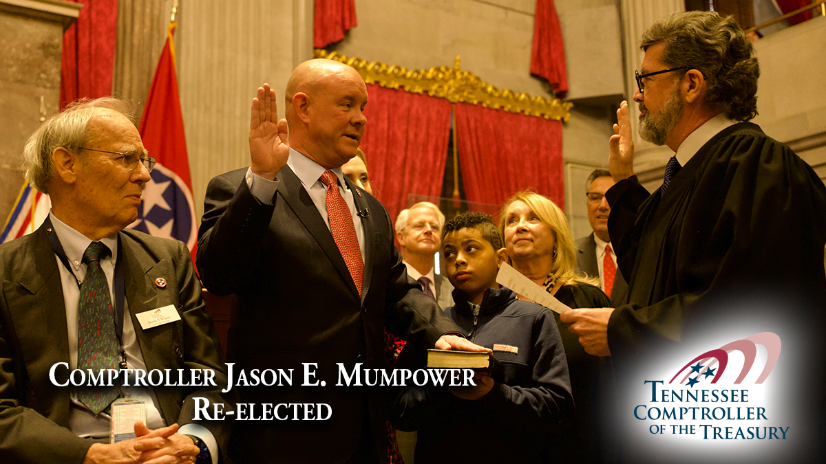 TNCOT's tweet photo. Congratulations to Comptroller @JasonMumpower on his re-election as Tennessee's 35th Comptroller of the Treasury! Read more: https://t.co/R6qr5LUw08 https://t.co/ub1HbXTy2W
