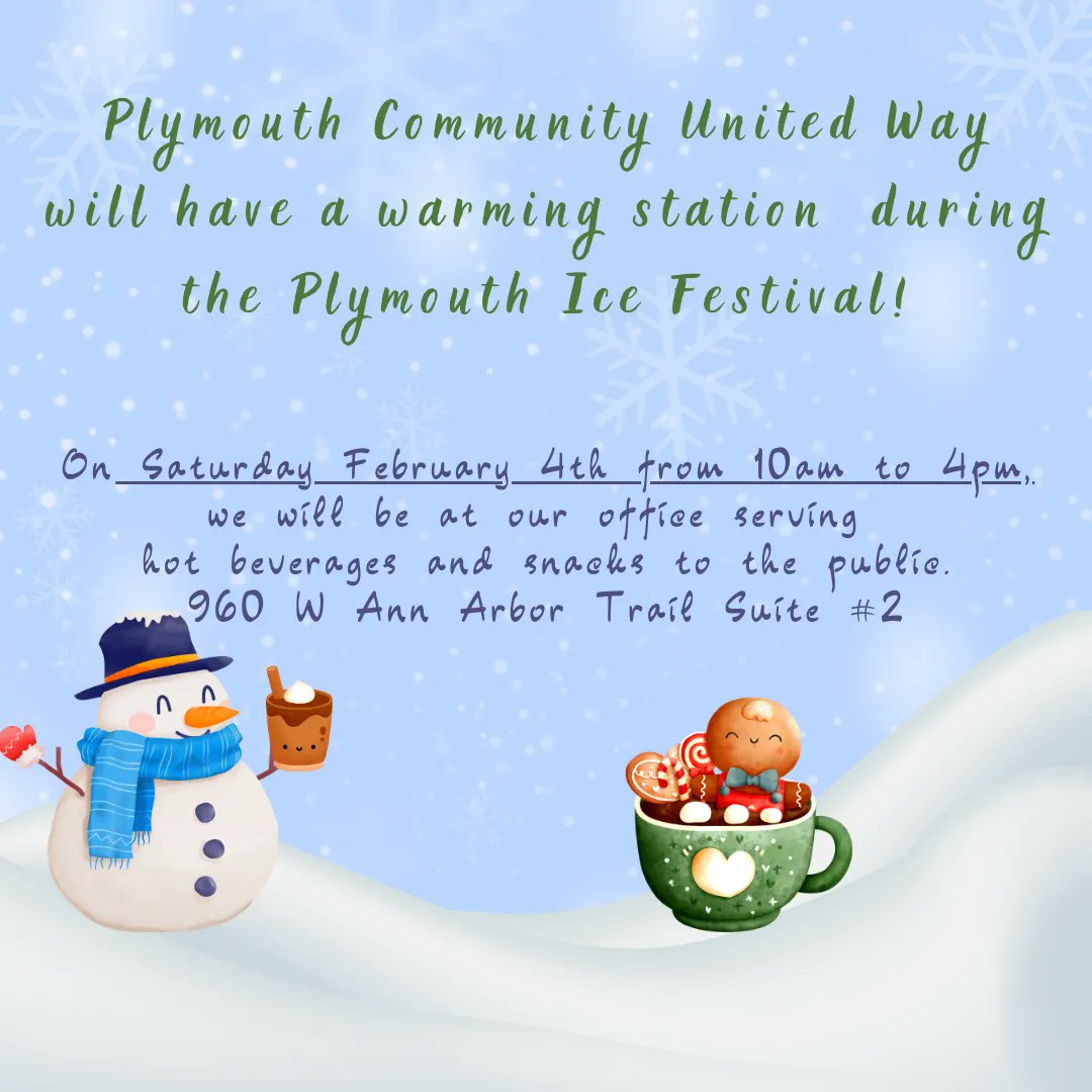 The #PlymouthIceFestival is a month away! We will be holding a warming station on Saturday February 4th to the general public during the festival. PCUW is thrilled to assist our community during a fun weekend. We cannot wait to see you all there!  💙 #PCUW #PlymouthUnitedWay