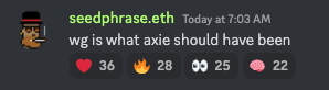 ZP_12_'s tweet photo. '@seedphrase dropping bars in @wolfdotgame discord. 

Not. Sufficiently. WOOLish. https://t.co/UxsJH7NyUv
