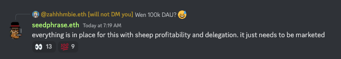 ZP_12_'s tweet photo. '@seedphrase dropping bars in @wolfdotgame discord. 

Not. Sufficiently. WOOLish. https://t.co/UxsJH7NyUv