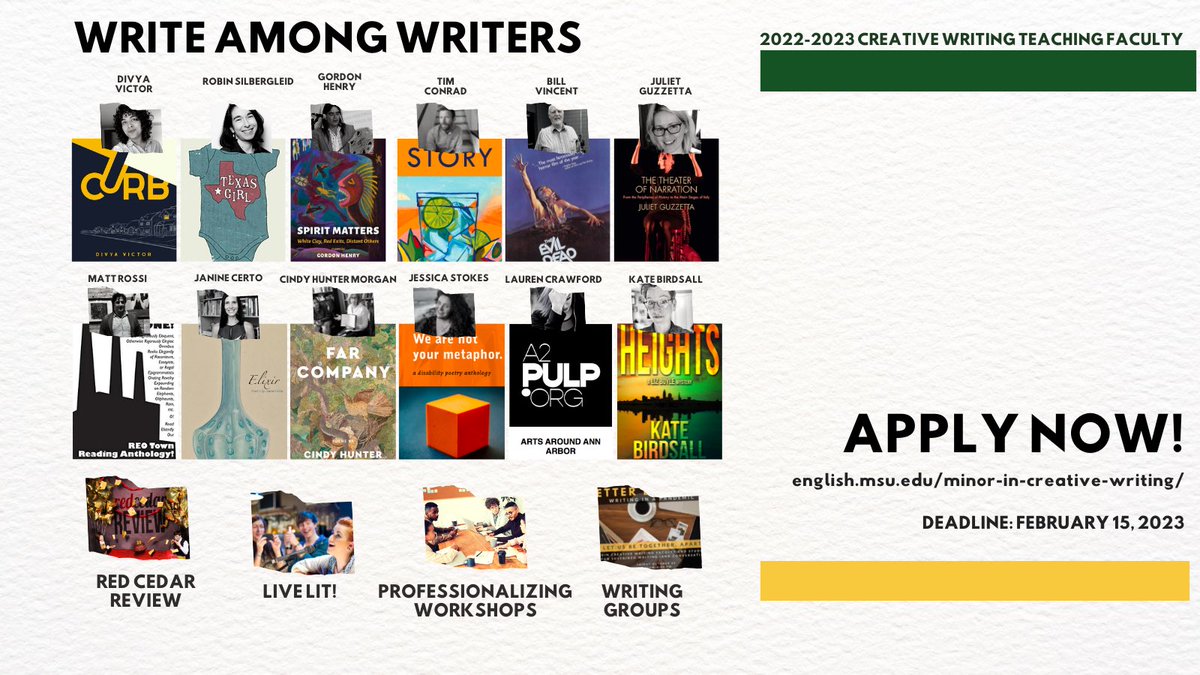 Applications are LIVE for the Creative Writing Minor until Feb 15! 

The minor curriculum includes an introductory multi-genre course, workshops in a chosen genre at the introductory and advanced level, as well as courses focused on broad readings within that genre.

#MSUEnglish