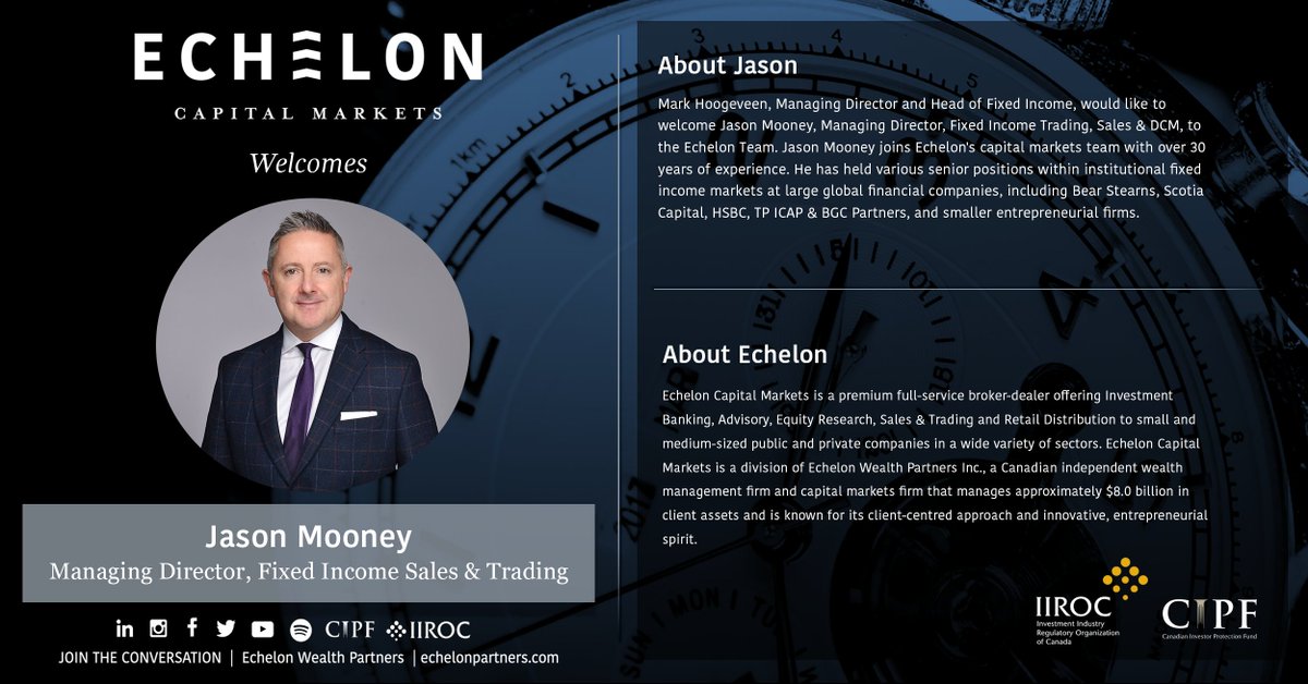 EchelonPartners's tweet photo. Please welcome Jason Mooney, Managing Director, Fixed Income Sales &amp; Trading, to the Echelon Team! Jason joins Echelon's capital markets team with over 30 years of experience. https://t.co/jbRjPaihnt
