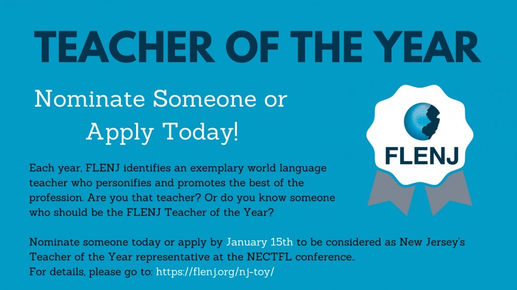 Each year, FLENJ identifies an exemplary world language teacher who personifies and promotes the best in our profession. Sound like someone you know? If so, nominations for the FLENJ Teacher of the Year are going on NOW. Visit buff.ly/3US7wwH to nominate or apply!⭐️