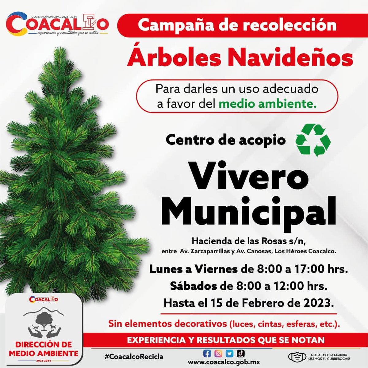 GobCoacalco2022's tweet photo. 🎄¡Súmate a la campaña de recolección de árboles de navidad y contribuye al cuidado del medio ambiente! ♻️Acude al Vivero Municipal ubicado en 📌Hacienda de las Rosas entre Av. Zarzaparrillas y Av. Canosas, Los Héroes Coacalco. 
#ExperienciaYresultadosQueSeNotan https://t.co/THFsy1F9sp