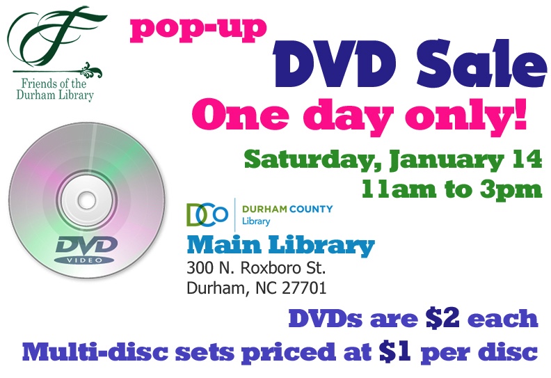 FODLNC's tweet photo. Don't forget about our pop-up DVD sale from 11am to 3pm on Sat., Jan. 14 at Main Branch, 300 N. Roxboro St. Hundreds of DVDs in many genres on sale for bargain prices. Also a good selection of puzzles and games. We hope to see you there! #FODL #DVDSale https://t.co/whIVKCCAdM