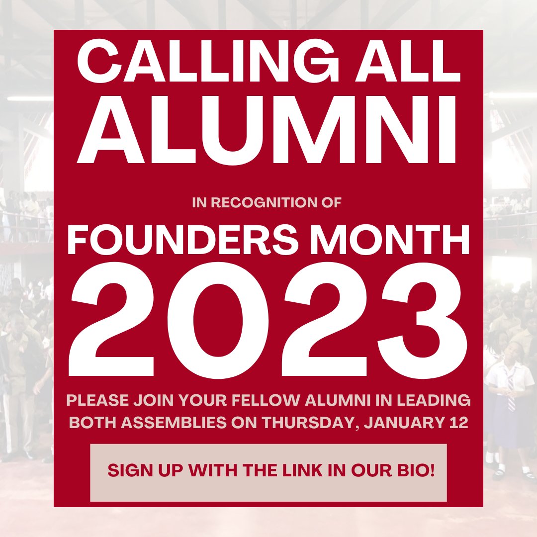 🔴CALLING ALL ALUMNI!

📅For Founders Month 2023 we will be leading both assemblies on Thur, Jan 12.

It should only take 15 minutes of your time, so please come out and support❗

📝Sign up by completing this form: ow.ly/5y9I50Mn3VZ

#RedIsStrong #HailCampionHail