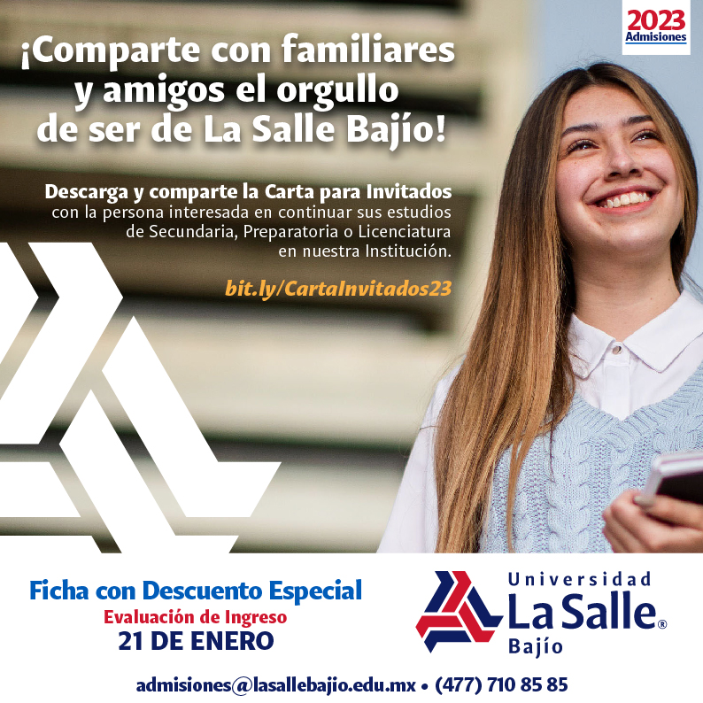 Egresados_UDLSB's tweet photo. Comparte con familiares y amigos el orgullo de ser @ULaSalleBajio. 🙌

🔽Descarga y comparte la CARTA PARA INVITADOS con Descuento Especial para Ficha de Admisión.
👉https://t.co/AMYjlE1a3o

#IndivisaManent #LaSalleBajío #Licenciaturas #Preparatoria #Secundaria #Admisión https://t.co/CDSj7G1yGA