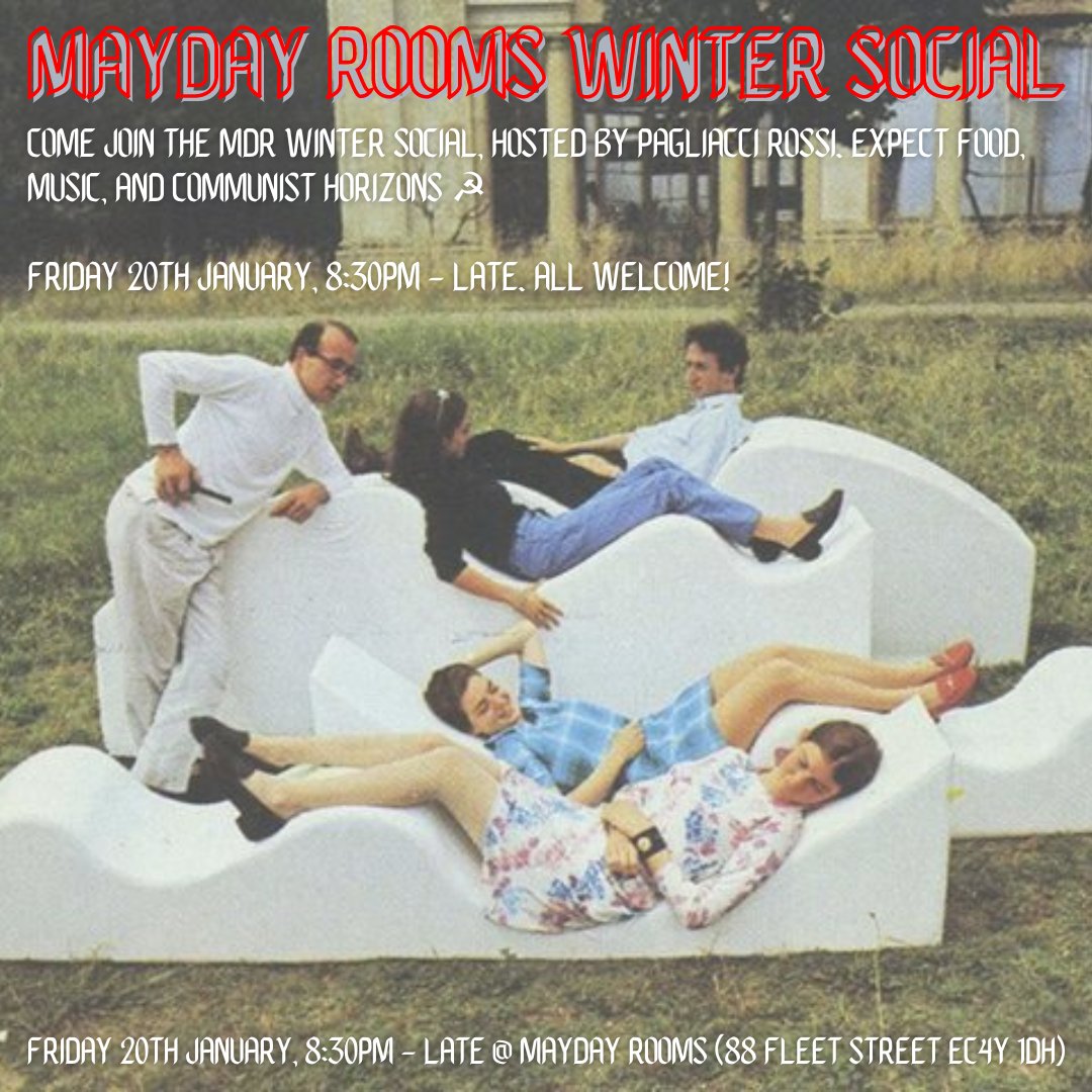 📣 Join is for a double bill of events next Friday (20th January) at <a href="/maydayrooms/">MayDay Rooms</a>!

💰At 7pm we will have a discussion event on auto-reduction past and present;

🍾 From 8:30pm until late, we will host the MayDay Rooms winter social. Expect good food and big tunes.

All invited!