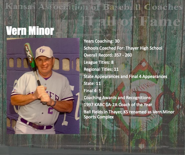 KABC2020's tweet photo. Congratulations to 2023 KABC Hall of Fame Inductee Vern Minor. Vern will officially be inducted into the KABC HOF this Thursday night at 8:00 @ the 2023 KABC coaches clinic in Manhattan. https://t.co/CFWGkTO54P