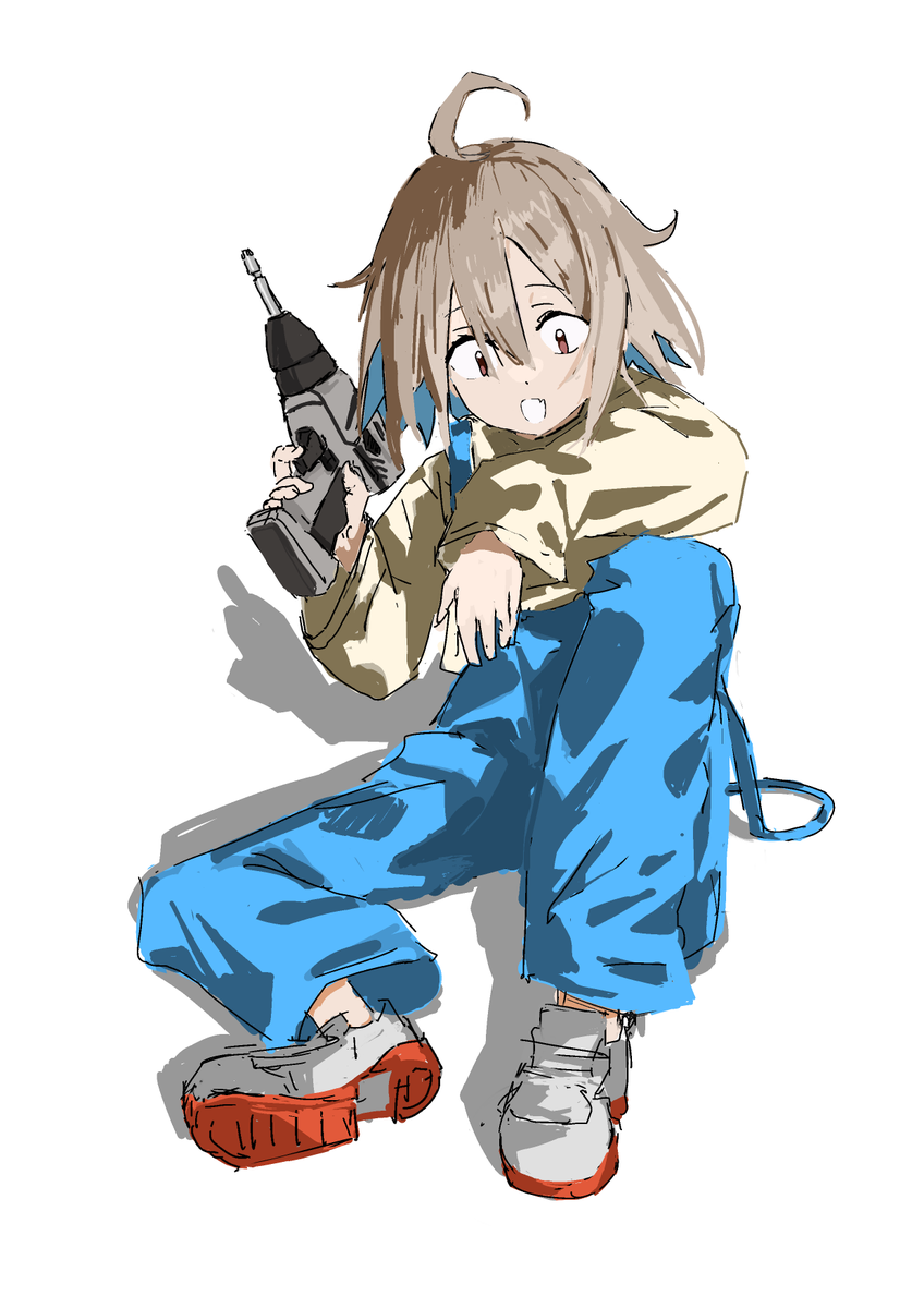 1girl solo overalls ahoge gun white background weapon  illustration images