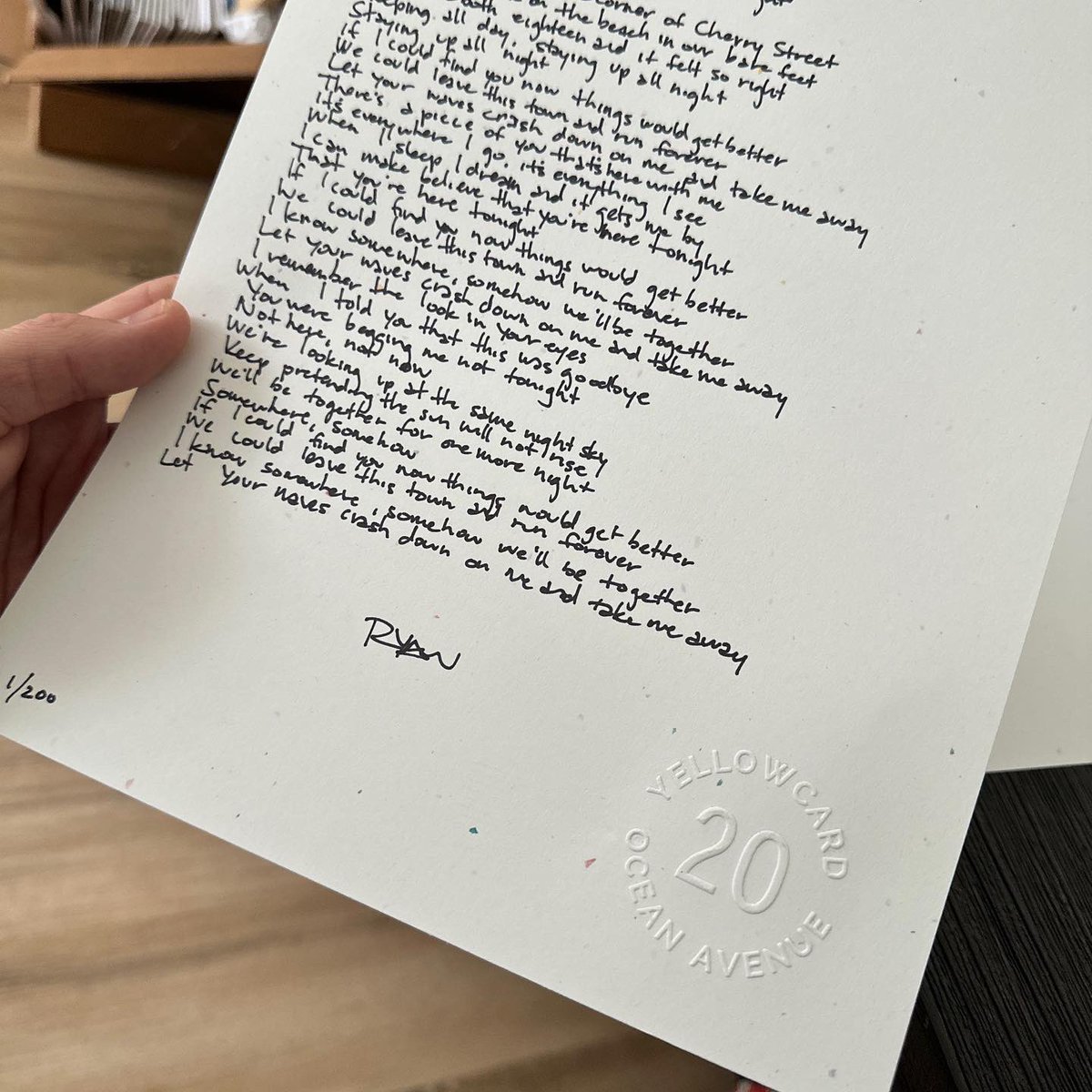 Handwritten lyrics are back and better than ever. For the 20th anniversary  of Ocean Avenue, @williamryankey has created something special. Each  limited edition lyric sheet is signed, numbered and embossed. Quantities are