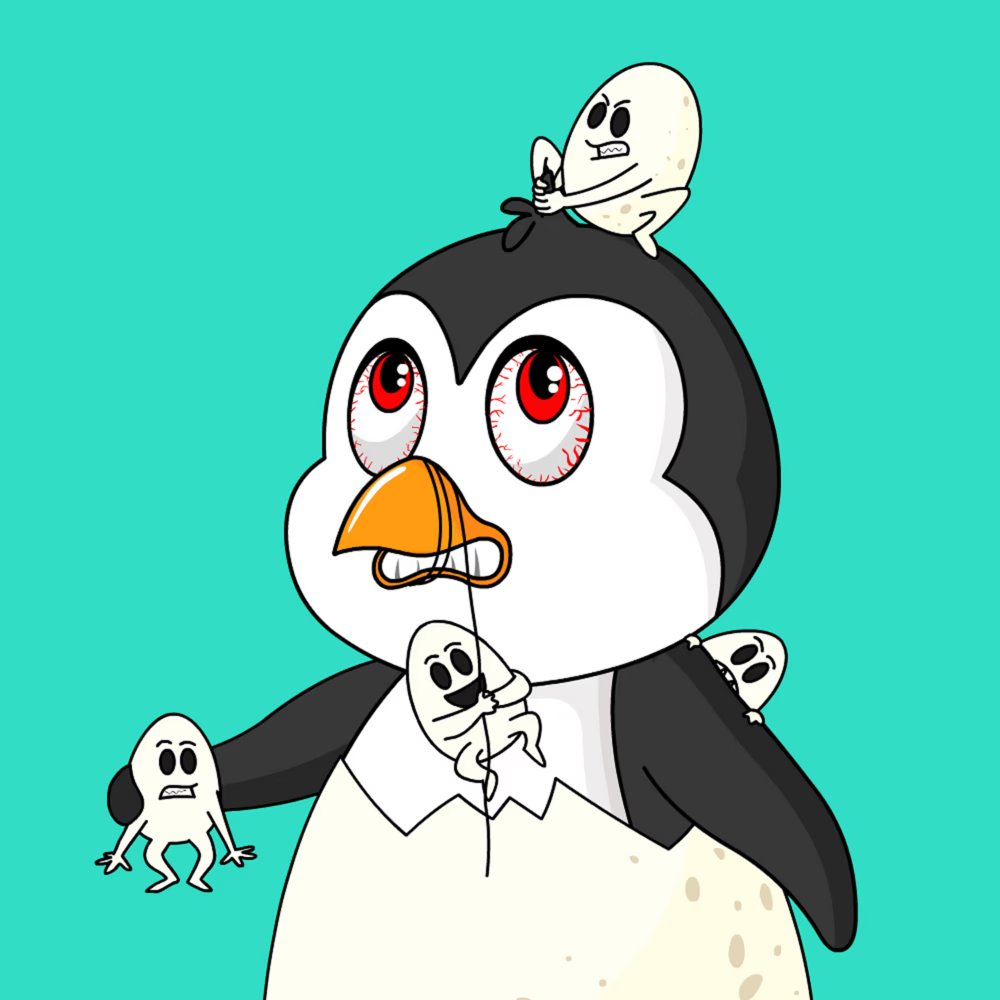 In <a href="/PingosNFT/">Pingos</a>'s piece "Eggbois have arrived in the Pingo Colony. They are cute, naughty, tiny eggs enjoying their lives to the fullest. They are giving a hard time to the Pingos but the little pingos don't seem to mind at all. They love their little mischievous neighbours."😬