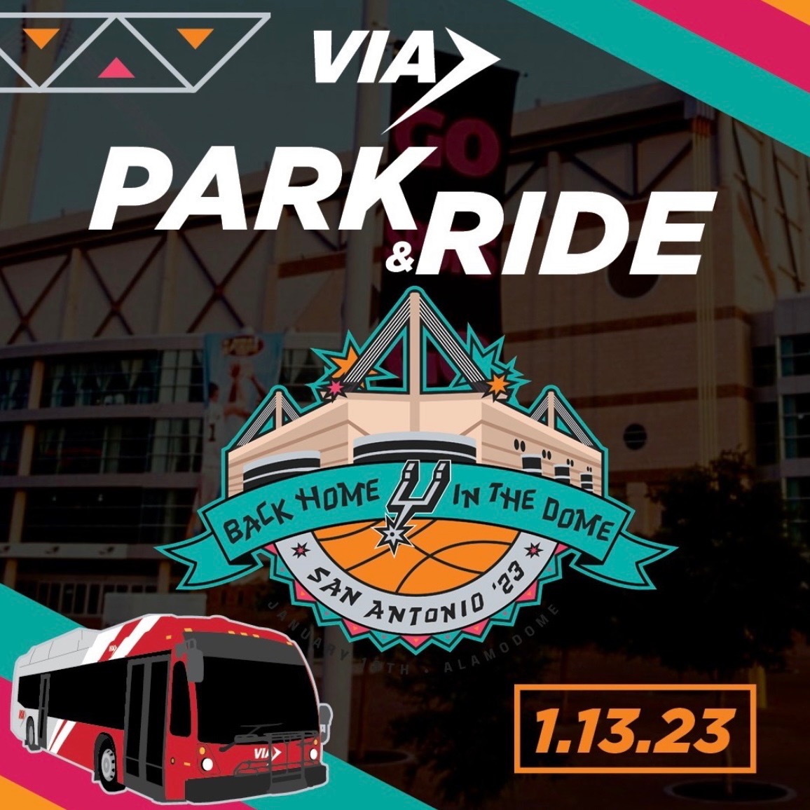 #RideVIA to the San Antonio Spurs 50th Anniversary Celebration this Friday, Jan.13, at the Alamodome. 

Plan ahead and purchase your VIA Park & Ride tickets on the VIA goMobile+ app.  Visit VIAinfo.net for #RideVIA