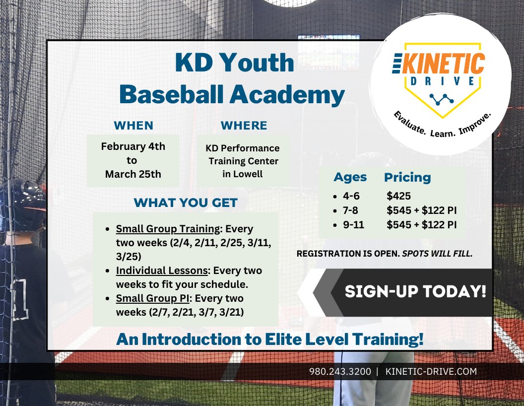 The Kinetic Drive Baseball Academy begins February 4th!!
This academy (ages 4-11) will feature five 2-hr small groups, four 1-hr performance improvement sessions &amp; three individual lessons. 
Act fast, spots are limited!
JOIN THE MOVEMENT TODAY: kinetic-drive.com/youth-baseball…