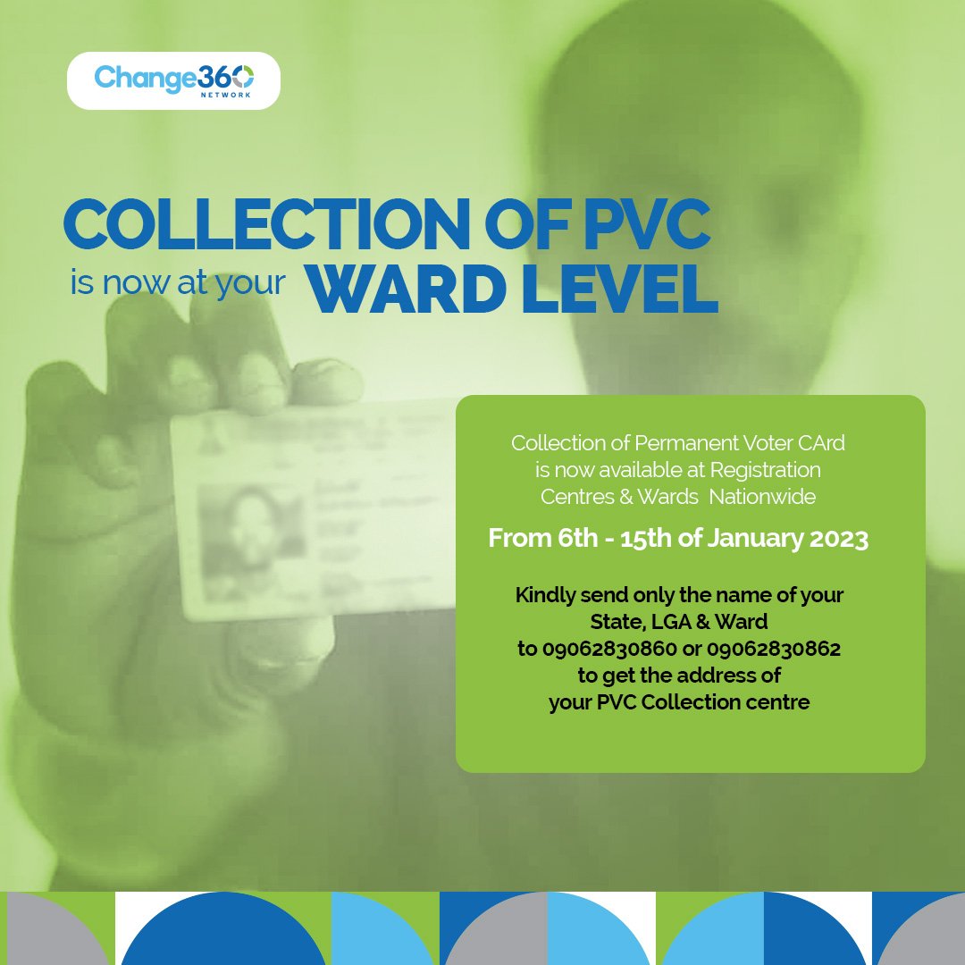 Do you know there's still hope for you to collect your PVC?

Collecting it is the only way you can exercise your right to vote at the elections. Kindly visit your ward today!

#NigeriaDecides2023
#Change360Network