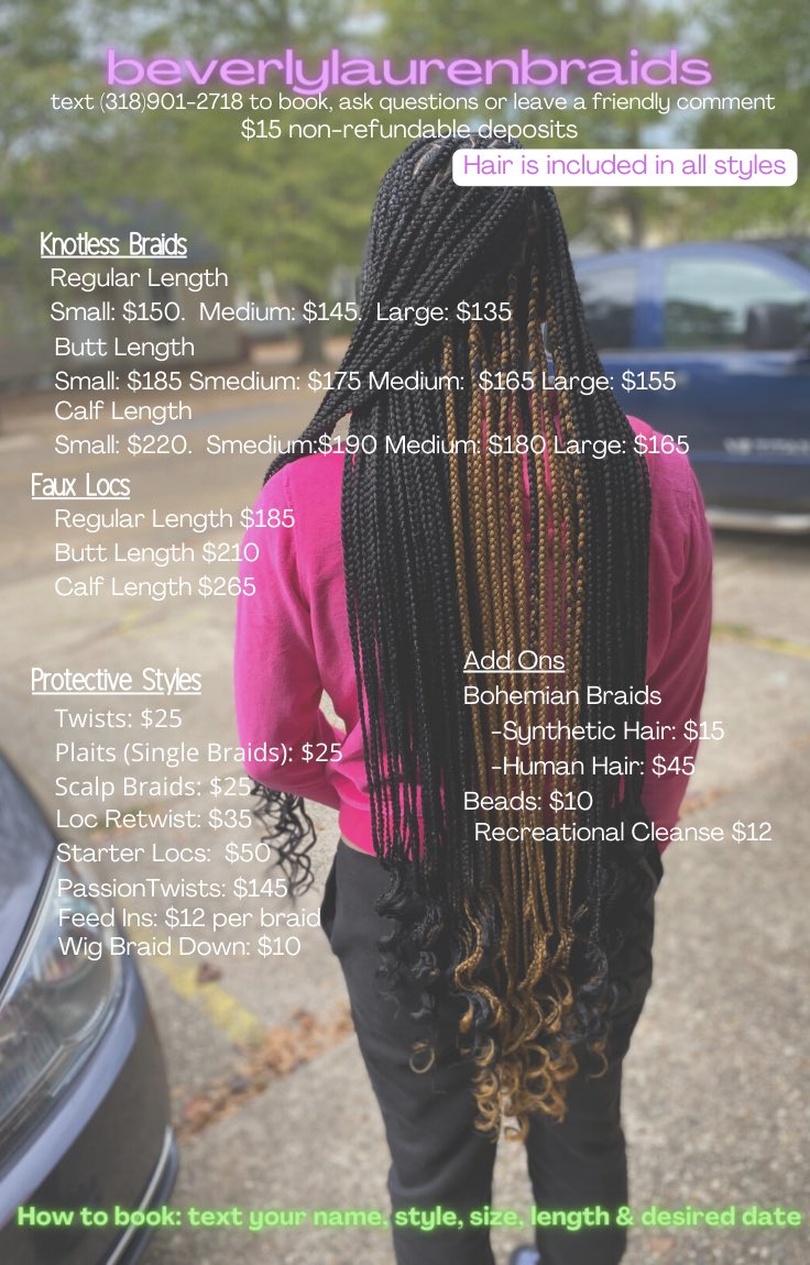 beveerlylauren's tweet photo. Early Release 🤪🫣
New prices, services and ad-ons
Don’t see something you want or want to book! ?
Text me @ (318) 901-2718 💥
•
•
#gramfam #gramfam23 #gramfam24 #gramfam25 #gramfam26 #ulm #latech #retweet #like #gramblingstateuniversity #ruston #rustonbraider https://t.co/NXLQNa99GP