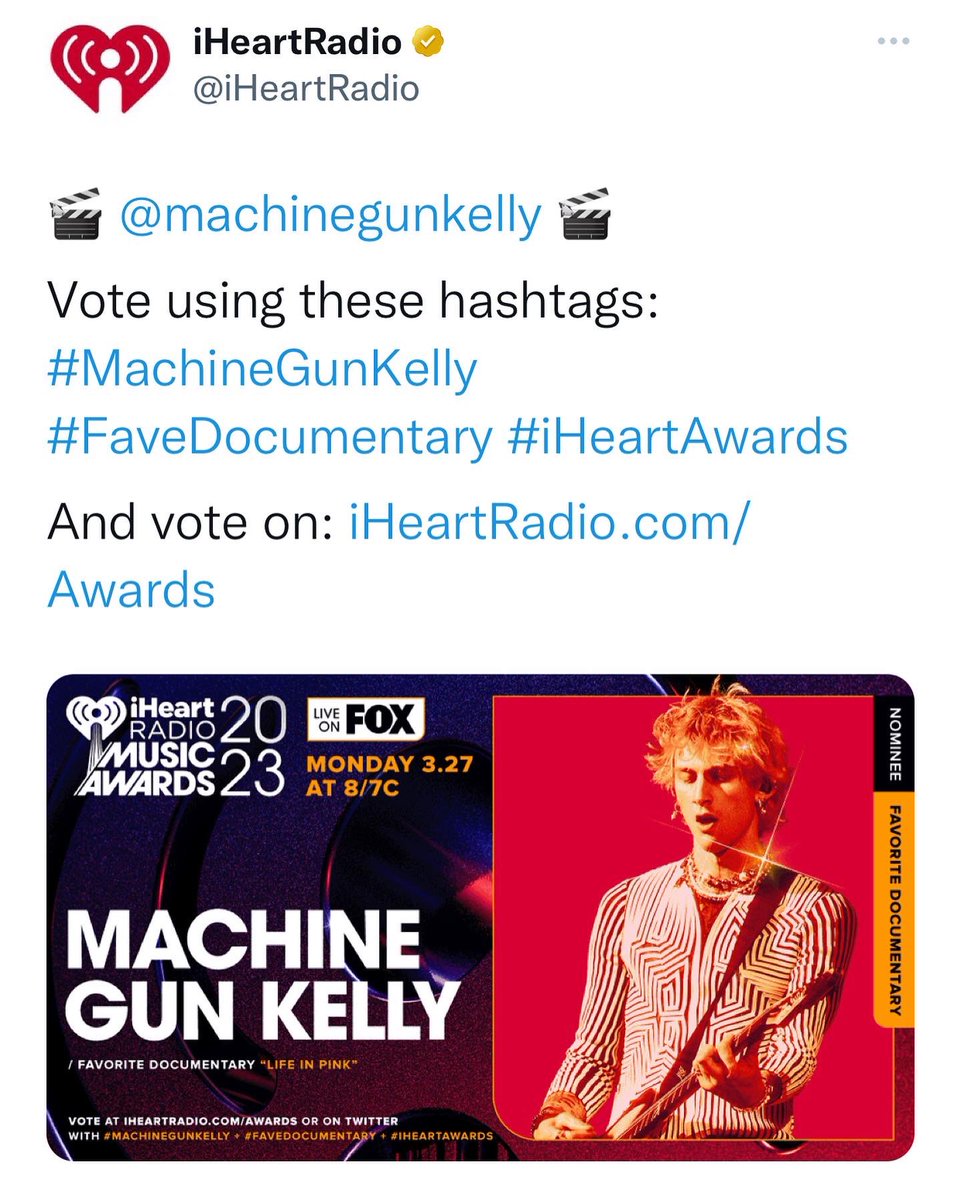 EST!!! Check out the several <a href="/iheartradio/">iHeartRadio</a> awards nominations we got! 🖤 

<a href="/machinegunkelly/">13</a> for favorite tour style ⚡️

<a href="/SamTCahill/">Sam Cahill</a> for favorite tour photographer 📸

<a href="/machinegunkelly/">13</a> for favorite documentary, “Life In Pink” 💕