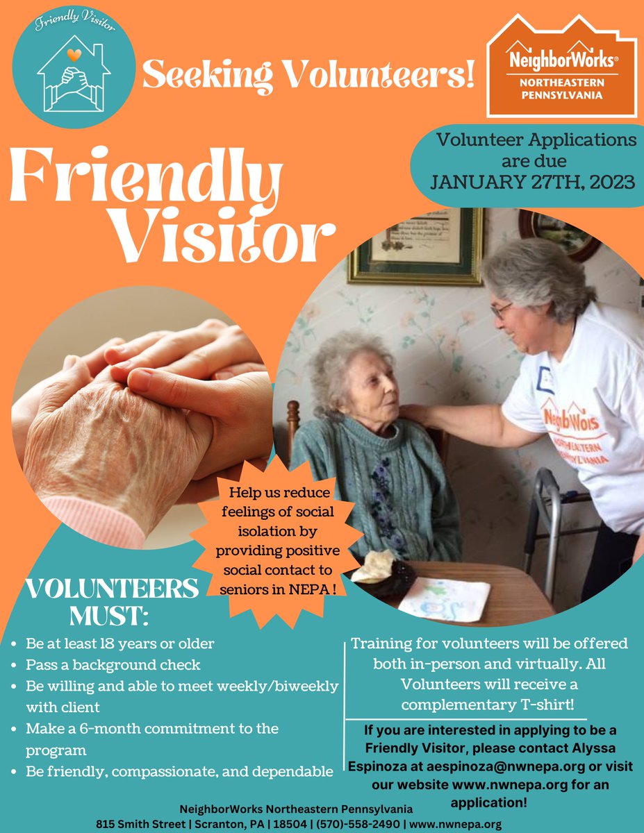 NWNEPA's tweet photo. We're seeking volunteers for the Friendly Visitor Program! Help us reduce feelings of social isolation by providing positive social contact to seniors in NEPA!

Read below to learn more! https://t.co/N7HMGW6x7k

#NeighborWorks #NWNEPA #AgingInPlace #FriendlyVisitor #Volunteer https://t.co/fNLSKshftA