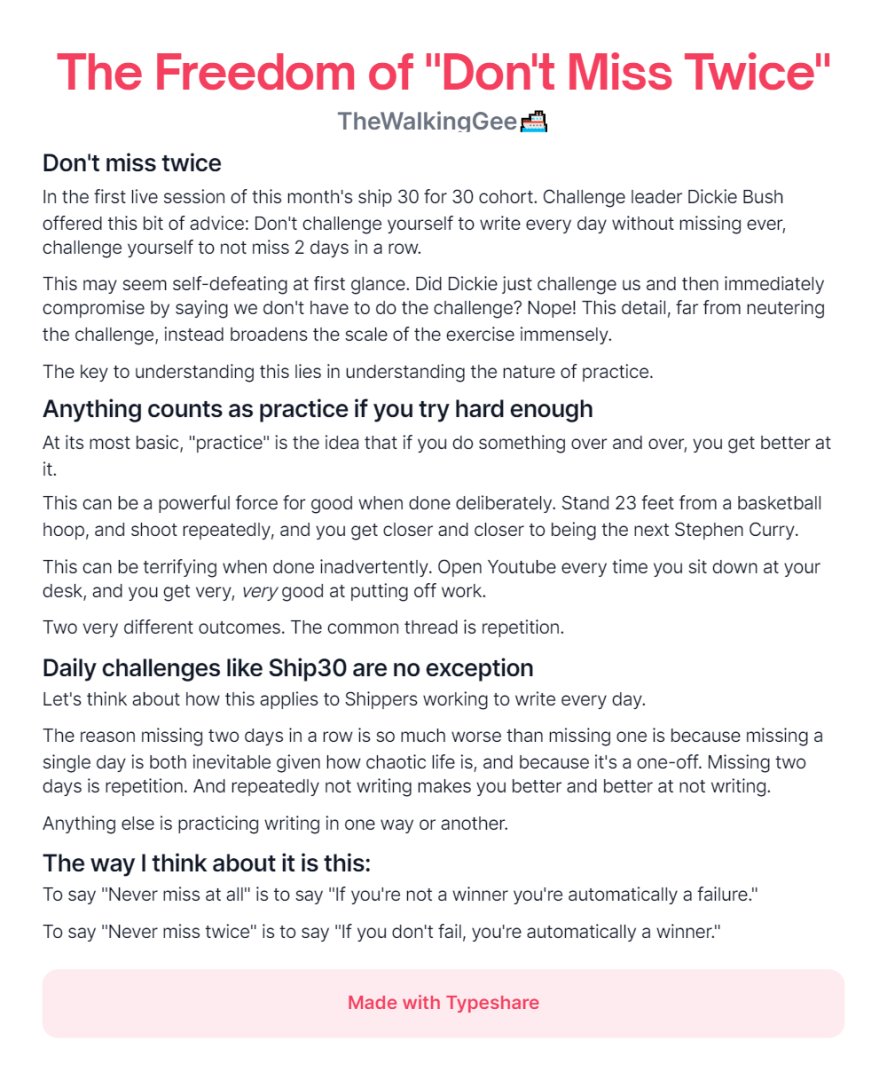 The advice 'when starting a resolution, don't miss 2 days in a row' may sound like rationalizing not sticking to the plan, but is actually kinda brilliant when you consider the psychology behind it.

#ship30for30 #NewYearsResolutions #lifelessons