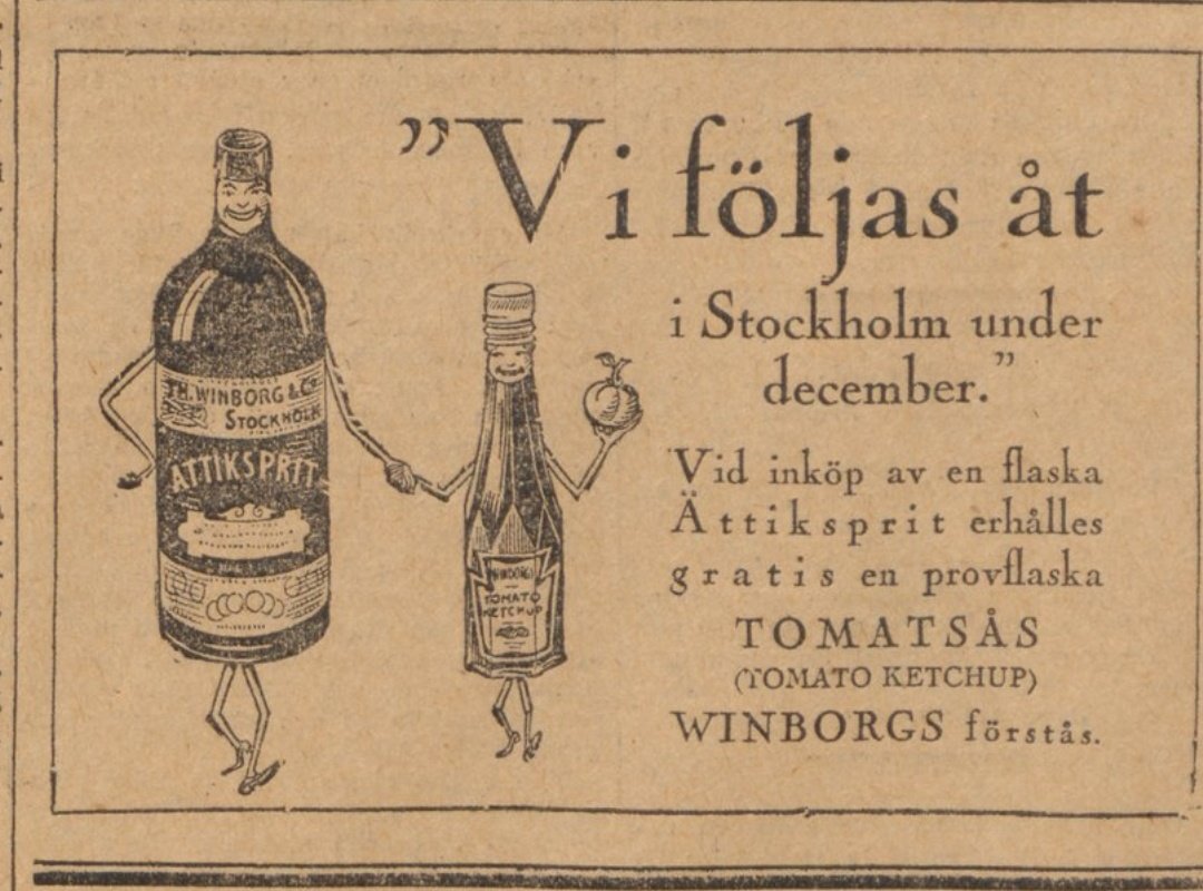 "Vi följs åt i Stockholm under december" #gammalreklam för tomatsås (tomato ketchup) 1922