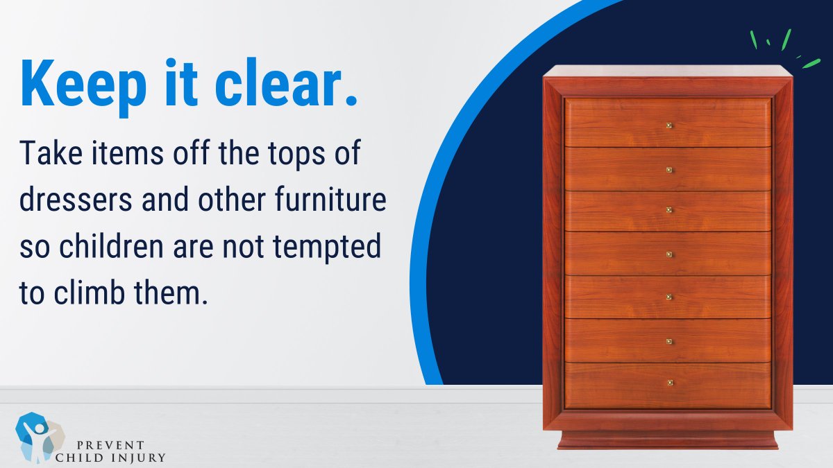 Keep it clear!

Move things like stuffed animals🧸, pillows, decorations, jewelry 💍, and picture frames 🖼 off the tops of dressers so children aren't tempted to climb them. #AnchorIt