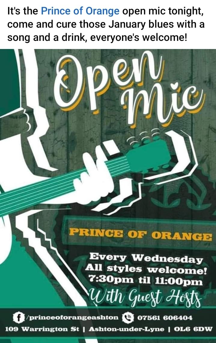 Charlie is hosting the open mic tonight at The Prince of Orange, Ashton.
All welcome, song, play, dance, tell a joke or read a poem😉
<a href="/Tameside_Hour/">TamesideHour</a> <a href="/Oldham_Hour/">Oldham Hour</a> 
<a href="/tamesideradio/">Tameside Radio</a>