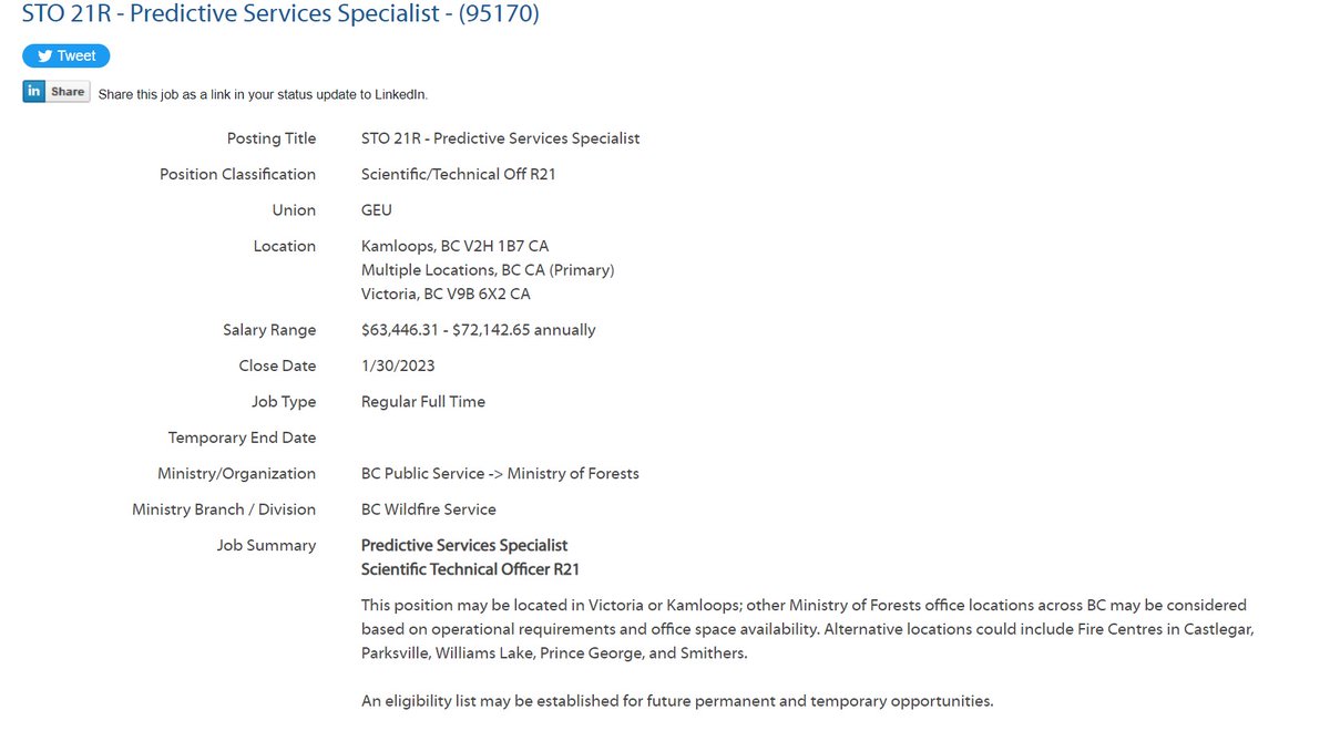 Great job opportunities - Predictive Services with the BC Wildfire Service. Two Predictive Services Specialist positions available - for details see bcpublicservice.hua.hrsmart.com/hr/ats/Posting…  Competition closes 30 Jan. 2023.