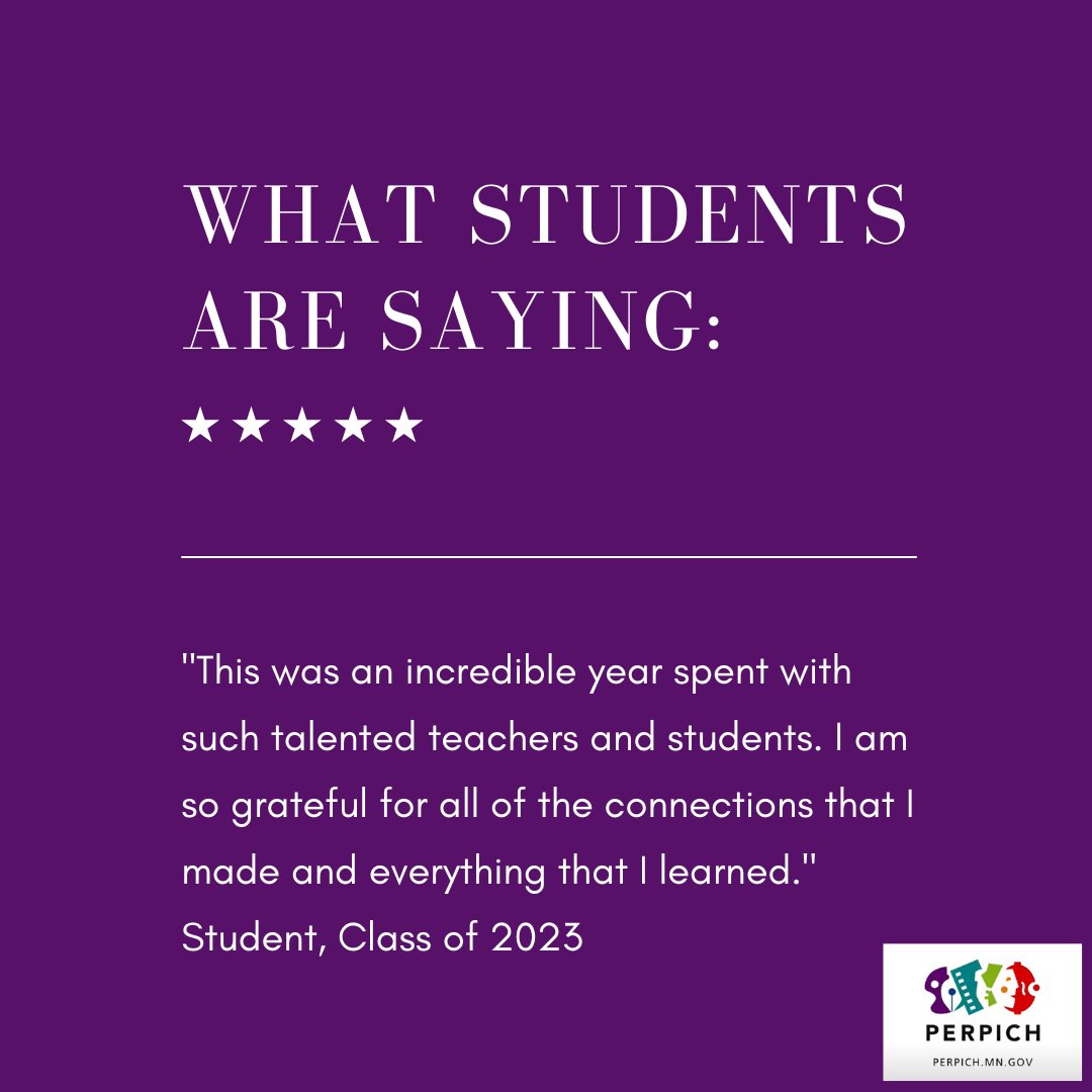 "This was an incredible year spent with such talented teachers and students. I am so grateful for all of the connections that I made and everything that I learned." 
Student, Class of 2023

Is Perpich Arts High School the place for you? Learn more here: perpich.mn.gov/arts-high-scho…