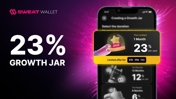 SweatEconomy's tweet photo. To celebrate 2023...💧

You can now access a special one month Growth Jar returning 23% on your $SWEAT! Ends soon⏱️ https://t.co/9gWIn0IzLv
