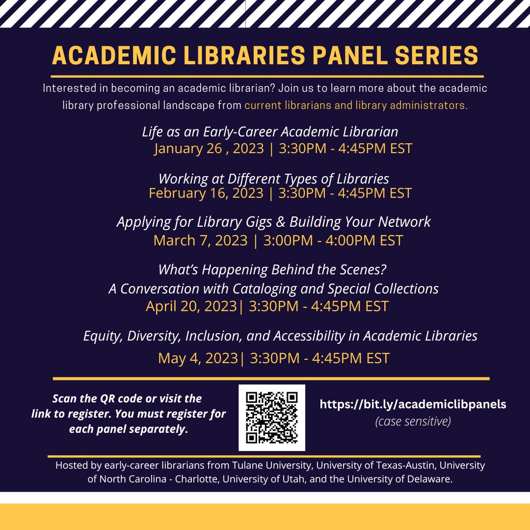 Organized by residents, the Academic Libraries Panel Series is back on for 2023! Sessions include Life as an Early-Career Academic Librarian, Working at Different Types of Libraries, &amp; more. 

Register for each panel individually at sites.google.com/view/academicl…
