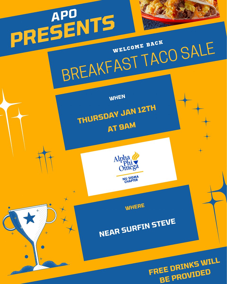 SFA_APO's tweet image. Come by Surfin Steve tomorrow at 9am to get a mouth watering breakfast taco with a free drink!!💙💛🌮🤤 #mwab
#apo #alphaphiomega #big1925
#ap0192500 **#ap01925
#franksflyest #frankreedhorton
#frankskids #Ifs