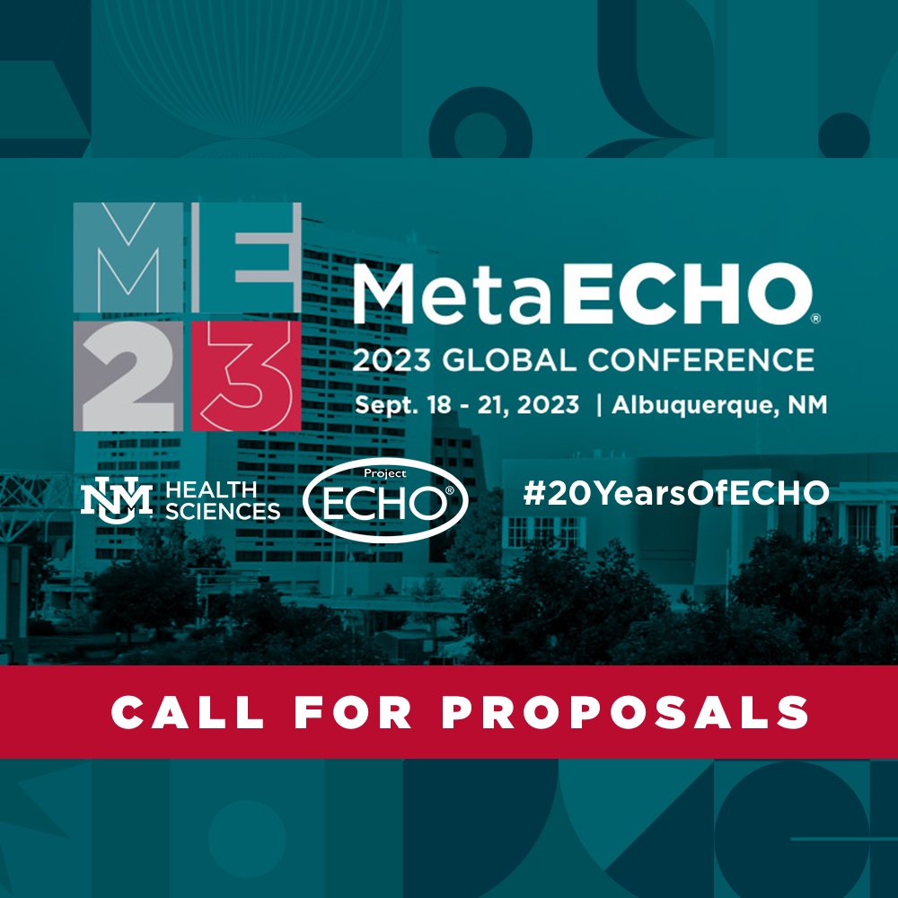 ProjectECHO's tweet image. January 2023 kicks-off the 20th anniversary celebration of Project ECHO, as well as our Call for Proposals for MetaECHO 2023 Global Confernece! Submit your proposal today—Deadline for submissions: 31 March 2023. 
#20YearsOfECHO #AllTeachAllLearn bit.ly/MetaECHO-2023P…