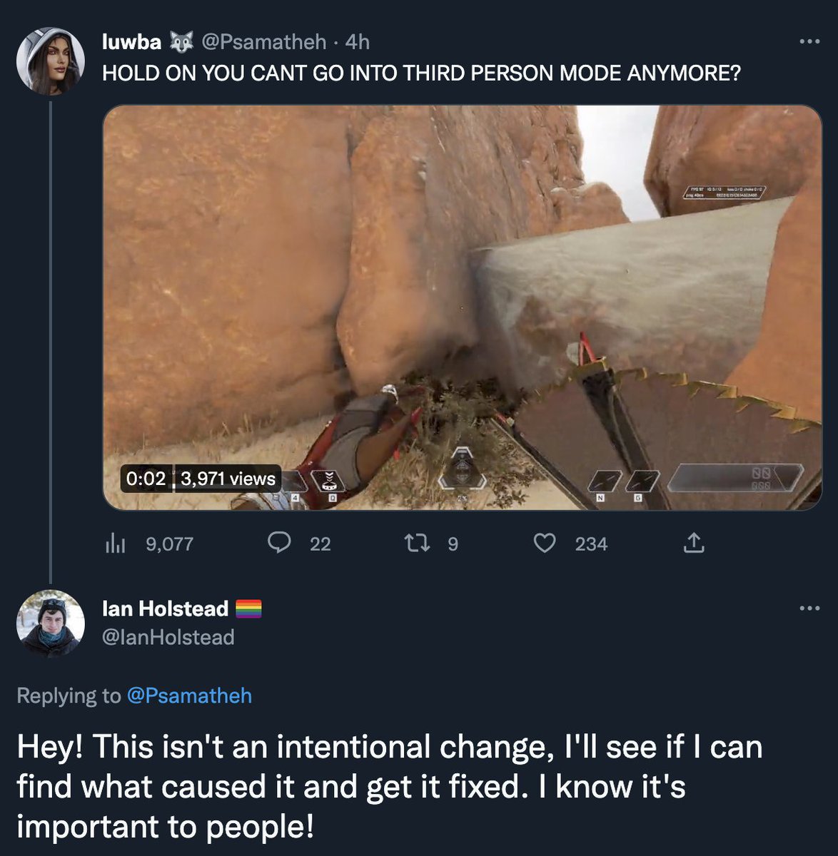 Yesterday's Apex update accidentally removed the ability to go into