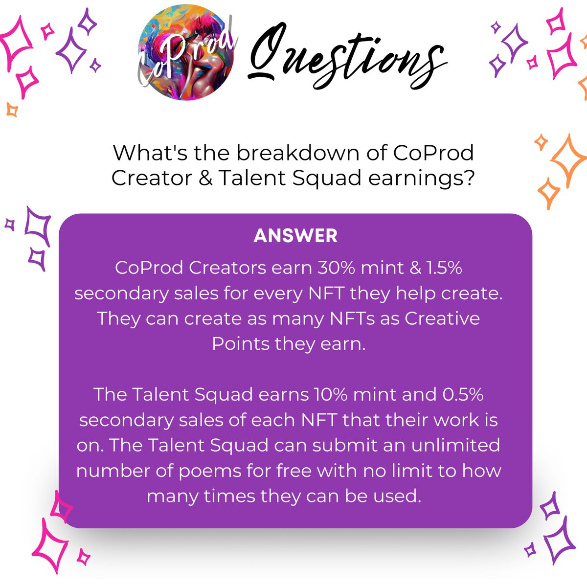 Day 8 of 31 Days of FAQs! 

Both the Talent Squad &amp; CoProd Creators earn a % of profits from the NFTs they help create, but the breakdown is slightly different.