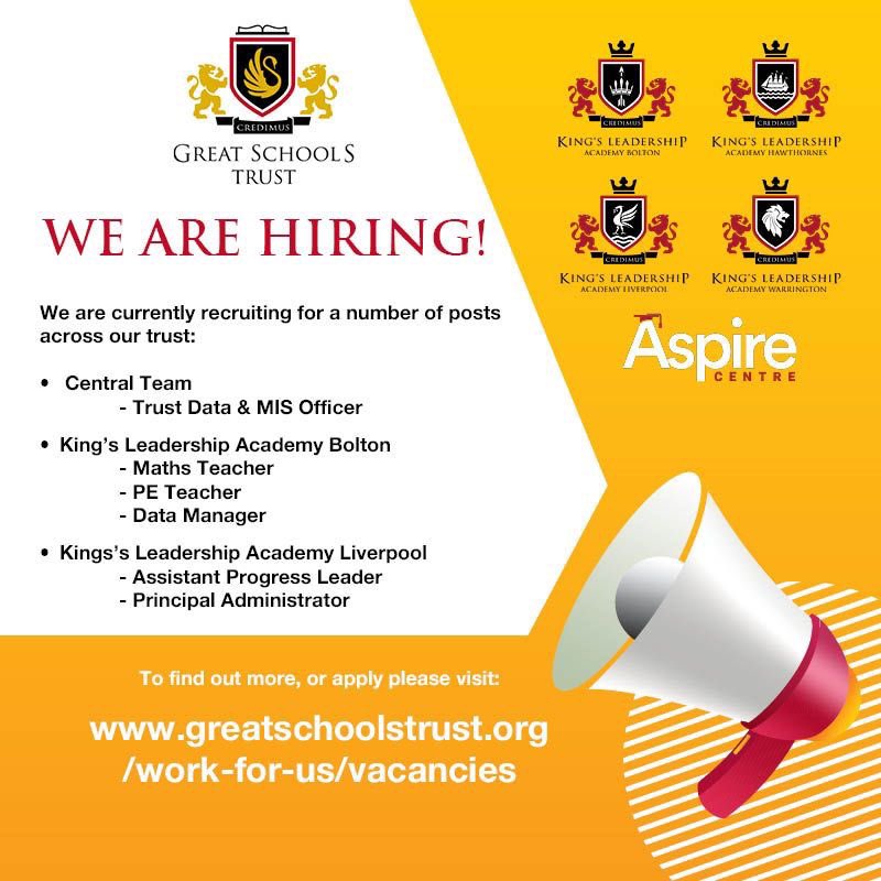 We are currently recruiting for a number of posts across our trust.

To find out more, or apply please visit: lnkd.in/eTHzUVNR

#Recruiting #Vacancies #Jobs #GreatSchoolsTrust #Liverpool #Bolton #Warrington #Bootle

@ShaneIerston @DrAndrewReay <a href="/pam_mason_GST/">Pam Hewitt (Mason)</a>