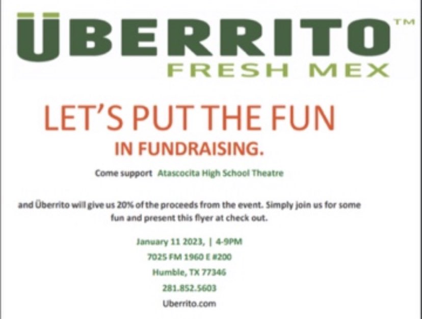 Hi guys TODAY we have a drama club meeting at 3:05 in the PAC!! And after you meet with us TONIGHT we have a spirit night at Uberitto from 4-9!! Come out and hang with us and eat some yummy food ❤️🌯