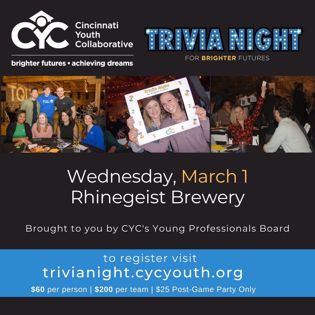 Just 7 weeks until our 10th Trivia Night for Brighter Futures! 

Join us for a phenomenal time of fun, inspiration, and trivia that supports Cincinnati’s greatest asset: our youth.

Event details &amp; tickets 👇
trivianight.cycyouth.org

#CYCTrivia23 #BrighterFutures #AchievingDreams