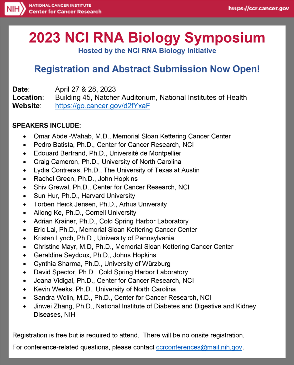 Announcing the 2023 RNA Biology Symposium hosted by the National Cancer Institute RNA Biology Initiative April 27-28, 2023. Free registration and a fantastic lineup of speakers! ncifrederick.cancer.gov/events/confere…