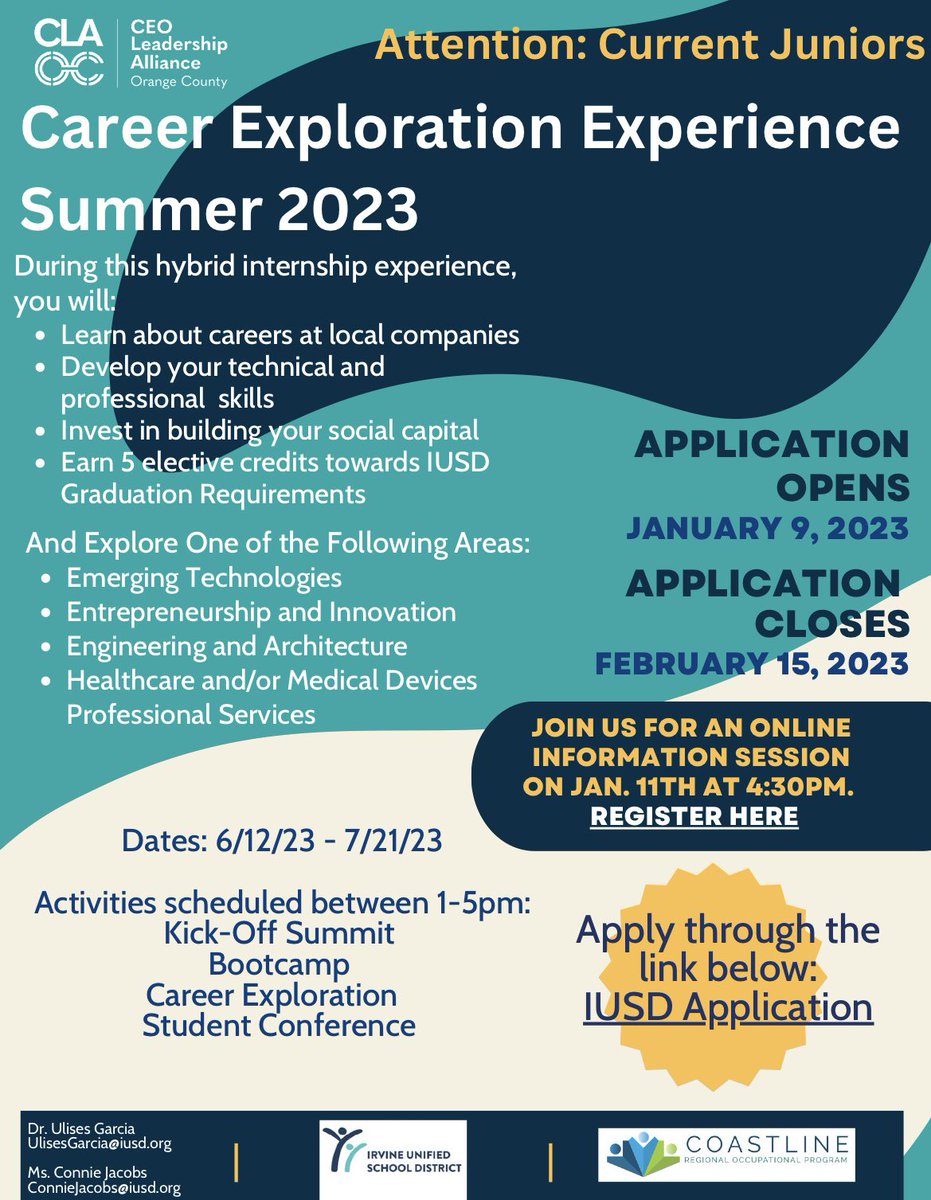IUSD's tweet photo. Career Exploration Experience 2023 applications are now being  accepted through Feb. 15. 🗓️ 

Check out the flier below 👀⬇️ and this 🔗link https://t.co/g3rcL4fen1 for more info and application submissions.
 
#IUSD #IUSDCareerTechnicalEducation #CoastlineROP #IUSDCommunity https://t.co/1pg85aGi7v