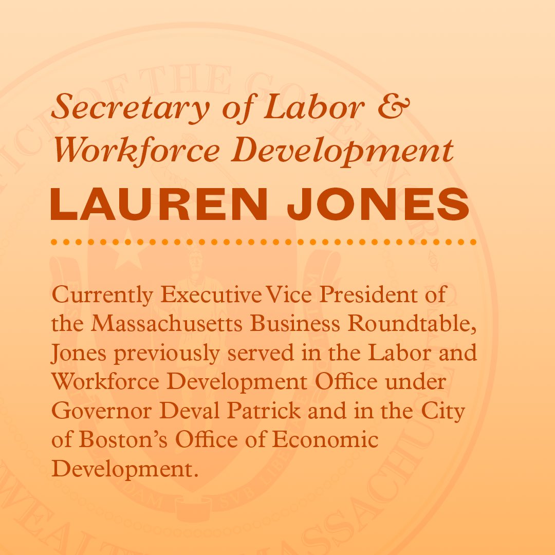 I’m appointing Lauren Jones Secretary of Labor &amp; Workforce Development. She’s an experienced and collaborative leader with a plan to leverage untapped talent right here in Massachusetts. With our state facing a serious labor shortage, she’s exactly who we need at <a href="/MassLWD/">Massachusetts Labor & Workforce Development</a>.