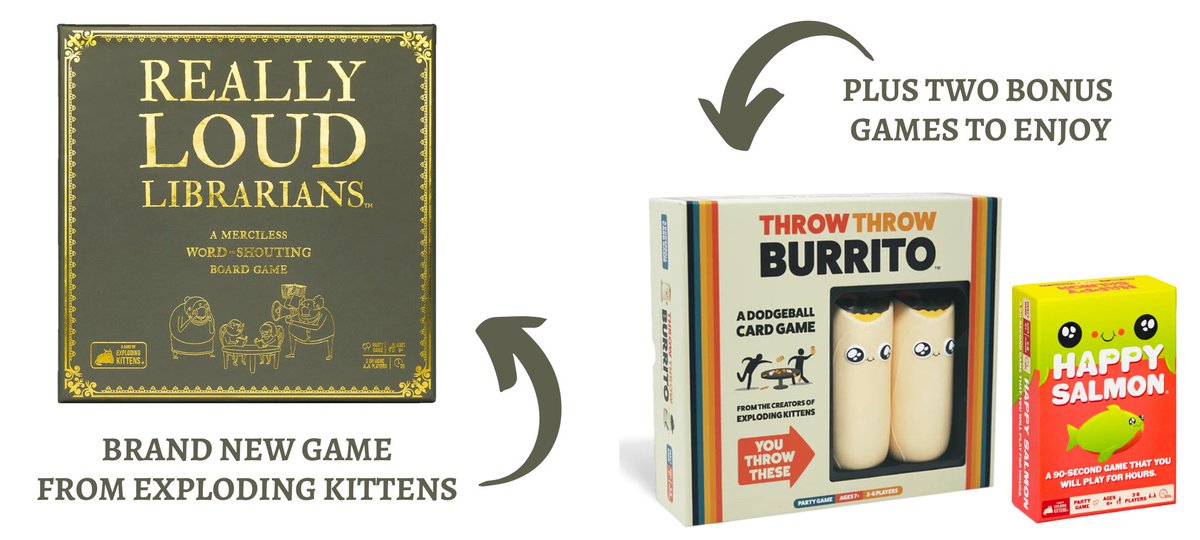 Tryazon's tweet photo. Think fast, not hard in this merciless word-shouting board game, new from @gameofkittens! Plus get two additional bonus games for an epic game night! 

Apply now! https://t.co/2yfNhngkry #ReallyLoudLibrarians #ThrowThrowBurrito #HappySalmon #ExplodingKittens #Tryazon https://t.co/WbJgxcpECv