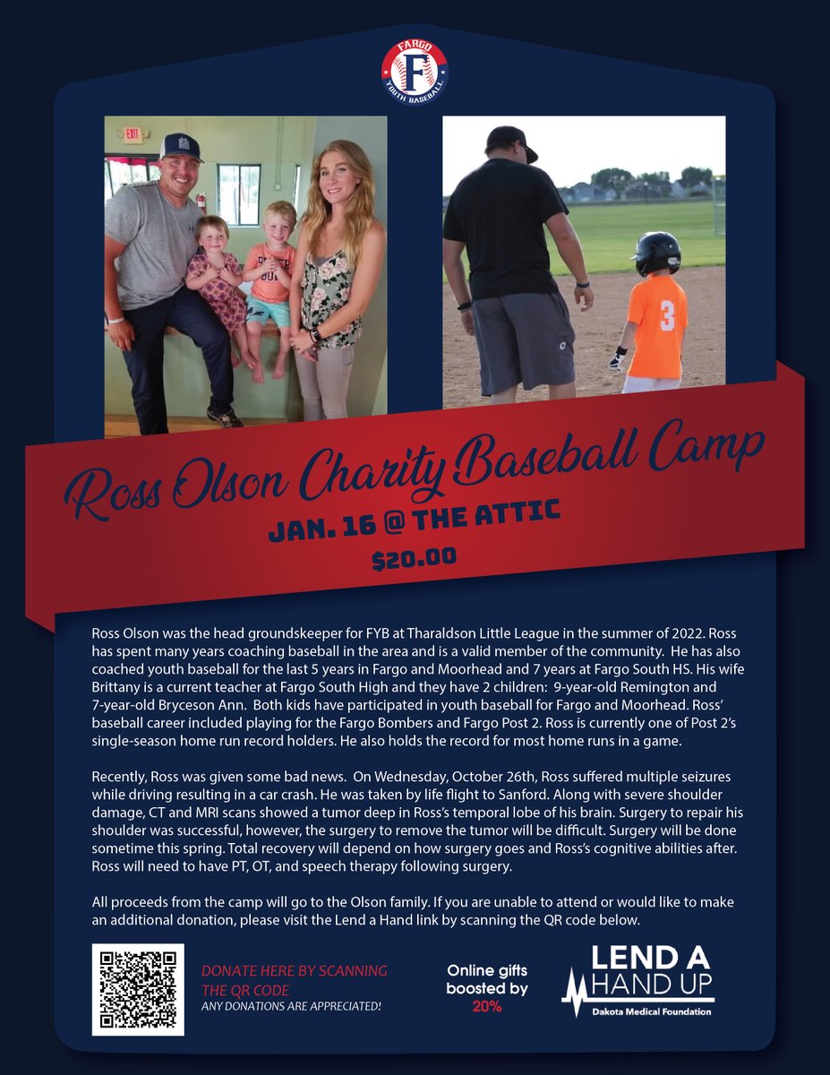 Fargo Post 400 (@post400baseball) on Twitter photo Make sure to register for the Ross Olson Charity Baseball Camp hosted at the ATTIC. Fargo Post 400 will be matching all proceeds that are raised from camp registrations which will go directly to the Olson Family! <a href="/fargobaseball/">Fargo Youth Baseball</a>
fargoyouthbaseball.com/programs/camps… Make sure to register for the Ross Olson Charity Baseball Camp hosted at the ATTIC. Fargo Post 400 will be matching all proceeds that are raised from camp registrations which will go directly to the Olson Family! <a href="/fargobaseball/">Fargo Youth Baseball</a>
fargoyouthbaseball.com/programs/camps…