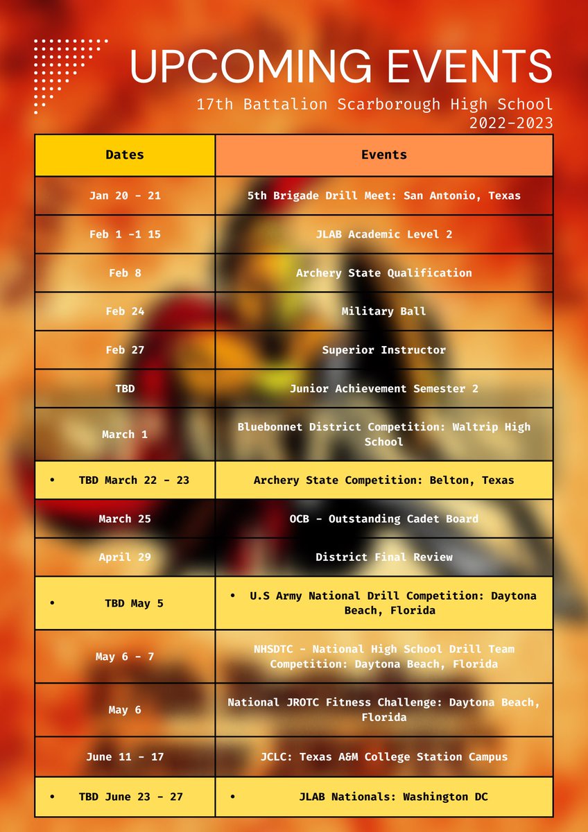 Check out our upcoming events!#jrotc #scarboroughhighschool #hisd