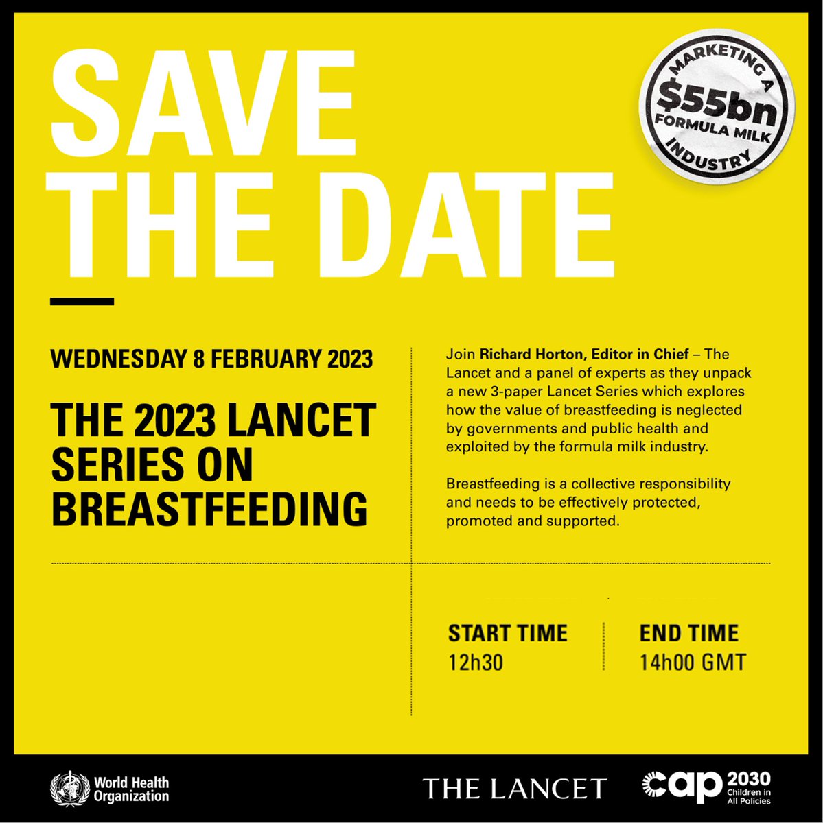 Mark your calendar 📅

On 8 Feb, we're launching the 2023 Lancet Series on #Breastfeeding.

Hear from experts as they unpack 3 papers exploring the neglected value of breastfeeding &amp; exploitation by the formula milk industry: bit.ly/3iwGDks